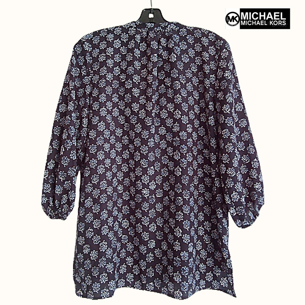 MICHAEL Michael Kors NEW Real Navy Vine-Leaf Zip 3/4 Sleeve Top - Picture 9 of 12